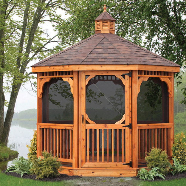 An octagonal gazebo.